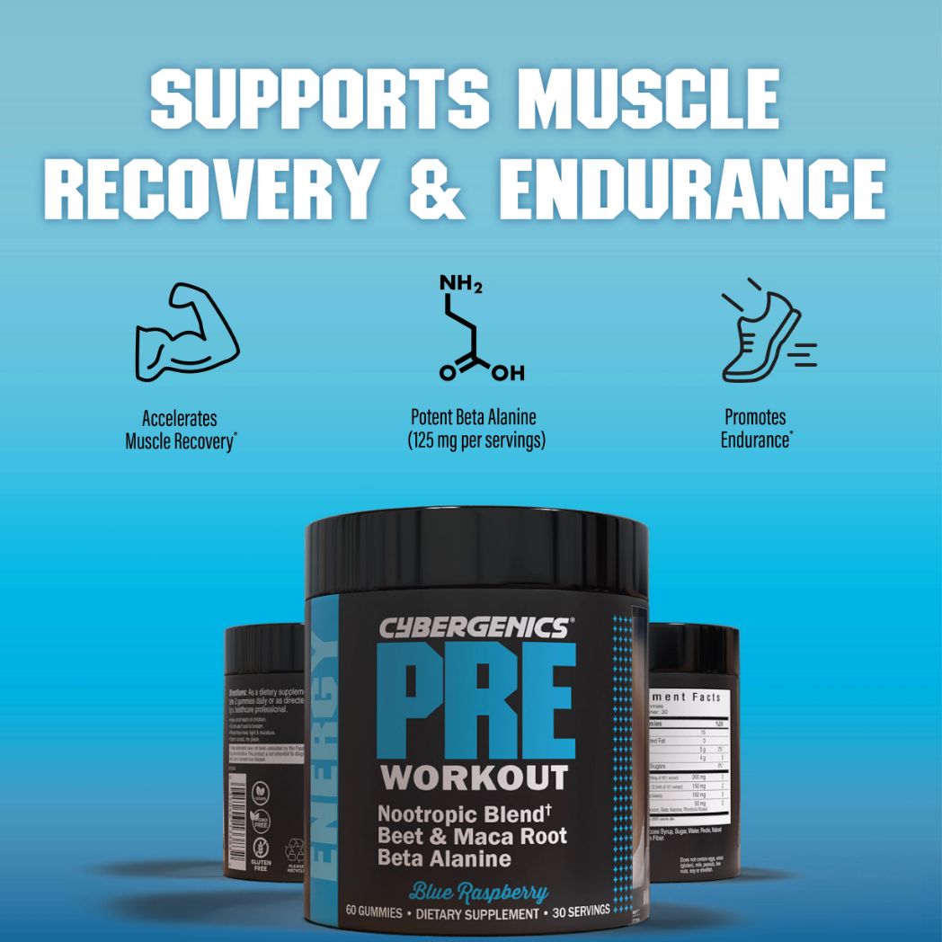 Cybergenics Pre-Workout Energy Gummies | Blue Raspberry (60 Count)